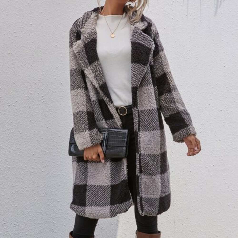 SOLD OUT Buffalo Plaid Gingham Checkered Check Fleece Teddy Wrap Coat - Picture 1 of 2
